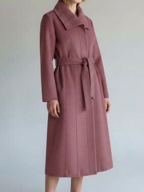 Cole Haan Sz 12 Tie-Waist Wool Trench Coat Dusty Rose pink purple Classic Boho.